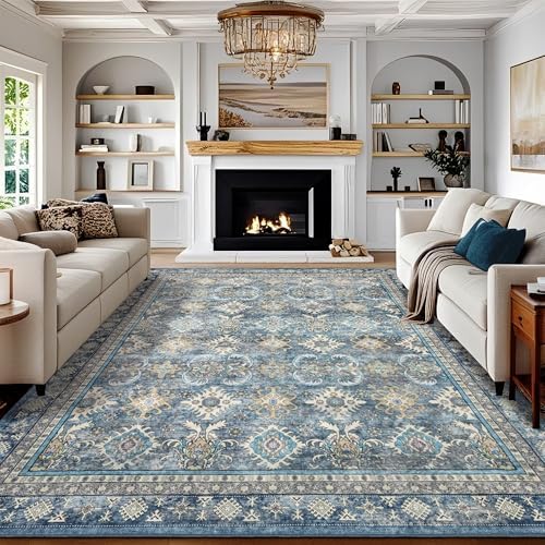 Washable 8X10 Area Rug: Blue Rugs for Living Room Dining Room Office Indoor - Vintage Large Stain Resistant Carpet with Non-Slip Home Decor Floor Decoration - Blue Gray