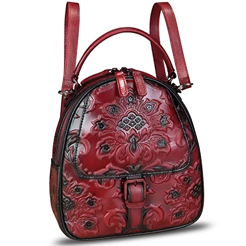 Image of Genuine Leather Backpack for Women Crossbody Shoulder Bag Vintage Rucksack Fashion Knapsack Purse Daypack Bag (Red)