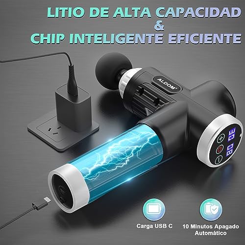 Pistola de masaje ALDOM mostrando su carga USB tipo C, batería de alta capacidad y función de apagado automático tras 10 minutos.