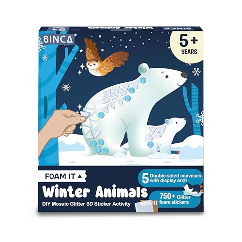 BINCA Foam Sticker Mosaic Art Activity 750+ 3D Glitter Foam Stickers 5 Winter Animals with Display Arch DIY Mess-Free Activities Gifts for Boys & Girls Ages 5 6 7 8