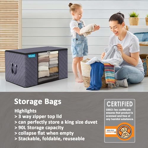 KURNI Storage Bags Clothes Organizer 6 Pack Grey, Large Moving Boxes With Top Lid 90L Capacity, 3 Sided Zipper Storage Box. Dust/Mites & Moisture Proof 60 x 43 x 35cm - Image 6