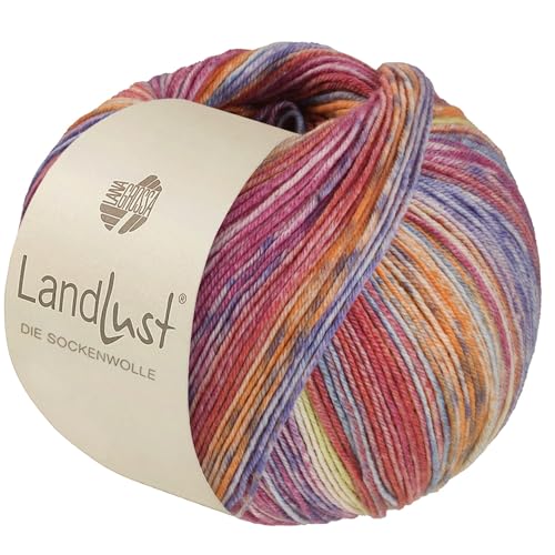 LandLust die Sockenwolle Seide 335 - Orange/Grau/Zitrusgelb/Hellblau/Blau/Violett/Fuchsia/Hellrot Gestreift