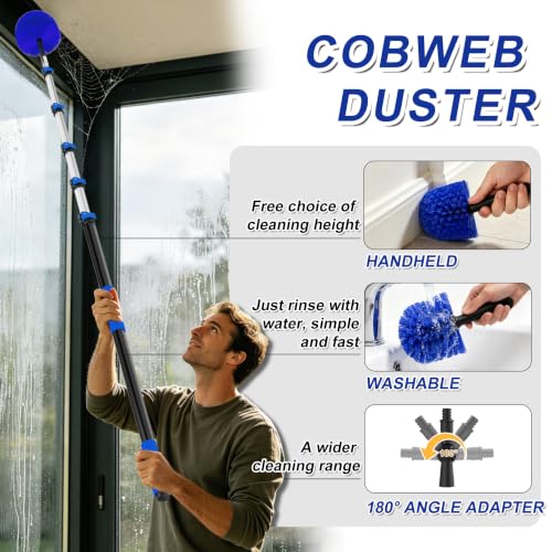 Image of Buyplus 30FT Reach Solar Panel Cleaning Brush Kit with 5-24FT Telescoping Pole, Water Fed Window Cleaner Tool with 20 inch Brush, Soap Dispenser, Cobweb Duster, Squeegee for Roof, RV, Gutter, Deck,Blue