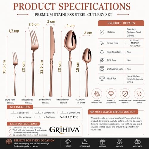 Image of 5 Pcs Rosegold Cutlery Set for Dining Table the Perfect Lightweight Silim Handle Tableware Including Dinner Spoon, Dinner Fork, Dinner Knife, Dessert Spoon & Dessert Fork