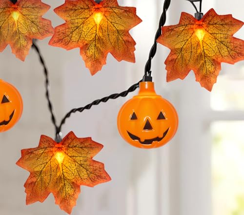 Image of 13.6Ft Fall Decor Maples Leaf Pumpkin String Lights, Hanging Outdoor Thanksgiving Decorations Lights with 25 Maple Leaves Light and 10 Pumpkin Lights for Thanksgiving Harvest Halloween Porch Window