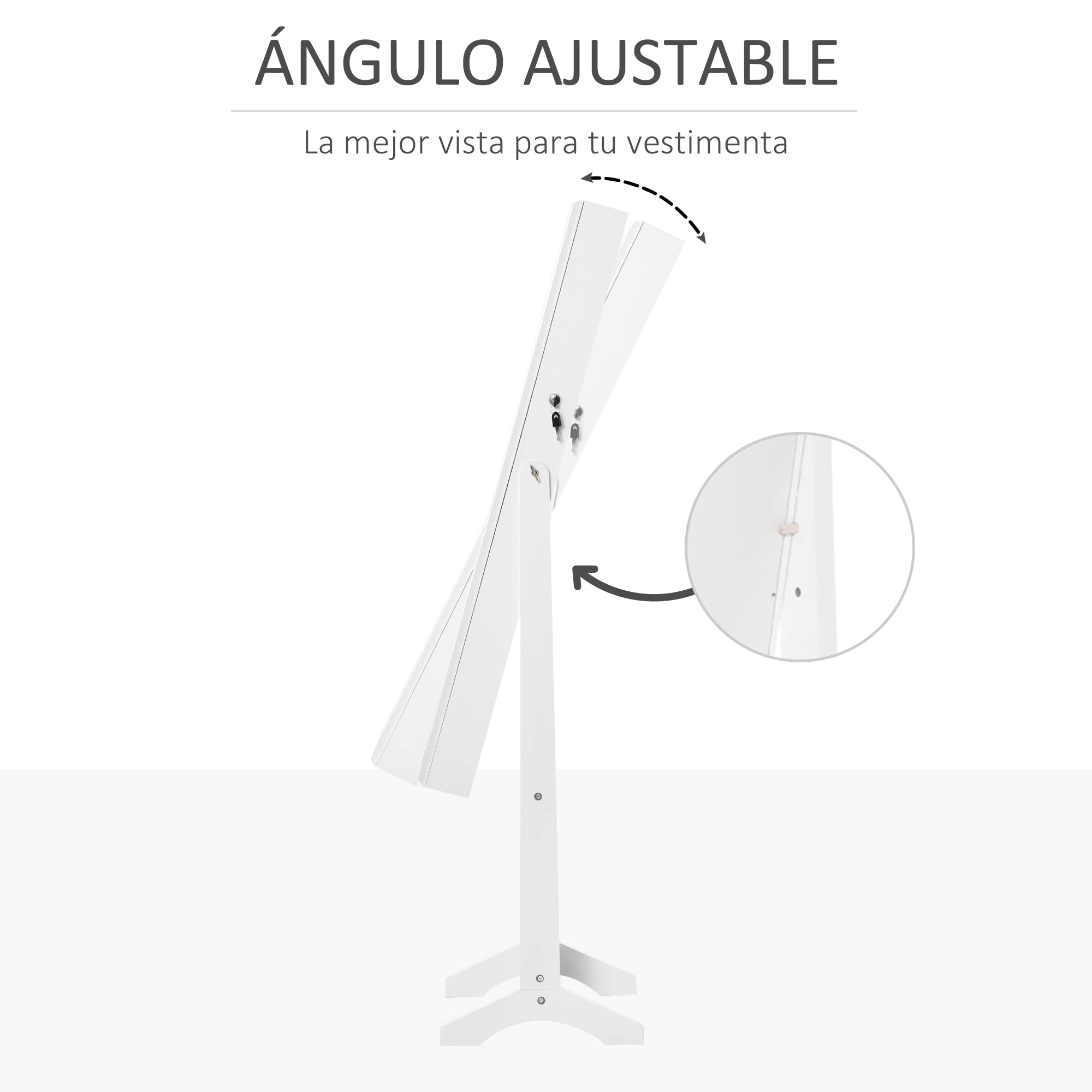 HOMCOM Espejo Joyero de Pie Armario de Joyería con 3 Ángulos Ajustables Cerradura Magnética Blanco y Forro Negro
