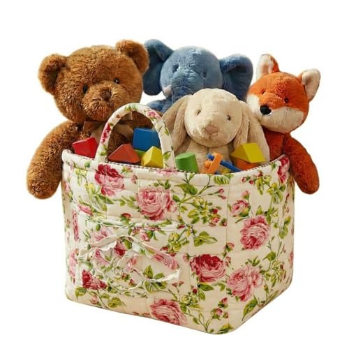 Image of Quilted Fabric Basket Foldable Car Storage Boho Floral Laundry Basket Hamper for Nursery Bedroom & Living Room | Organize Clothes Toys
