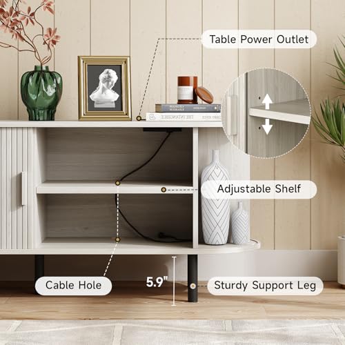 Image of ONBRILL 63 inch TV Stand with Power Outlet for TVs up to 70 Inch, Entertainment Center with Storage and Adjustable Shelves, Modern Media Console with Sliding Doors for Living Room, Natural White
