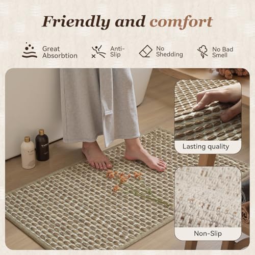 AMOAMI Unique Woven Bath Mat, Super Absorbent Non Slip Bath Mats for Bathroom Floor Textured Bathroom Mat Quick Dry Washable Boho Thin Bathroom Rugs for Beside Tub, 17" x 24", Brown
