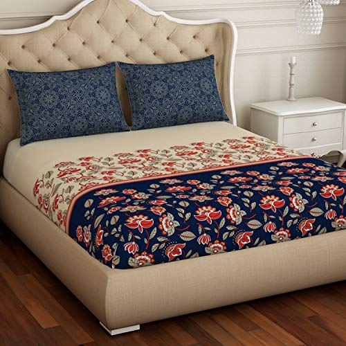 Image of Spaces Atrium Plus 210 TC 100% Cotton Queen Size Fitted Double Bedsheet with 2 Pillow Covers (Floral, 60 inch X 78 inch Inches ) - Blue