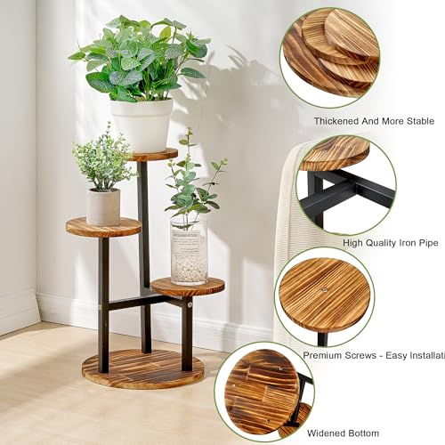Vecelo KHD-WPS 3 Tier Plant Stand Indoor Outdoor, Tall Metal Wood Flower Shelf For Multiple Plants, Small Tiered Round Corner Display Rack thumb #2