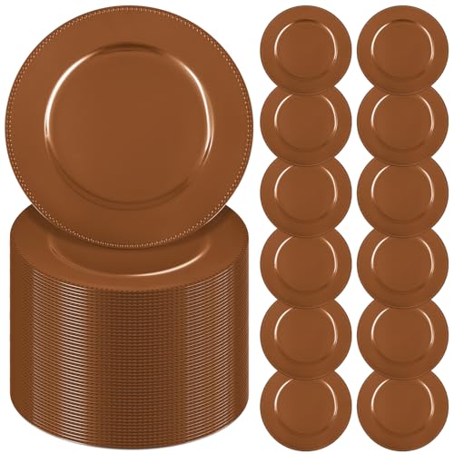 YMHPRIDE 60 Pack Brown Plastic Reusable Dinner Charger Plates, 13'' Round Beaded Chargers Plates Vintage Table Decoration for Elegant Dining - Ideal for Weddings and Formal Events
