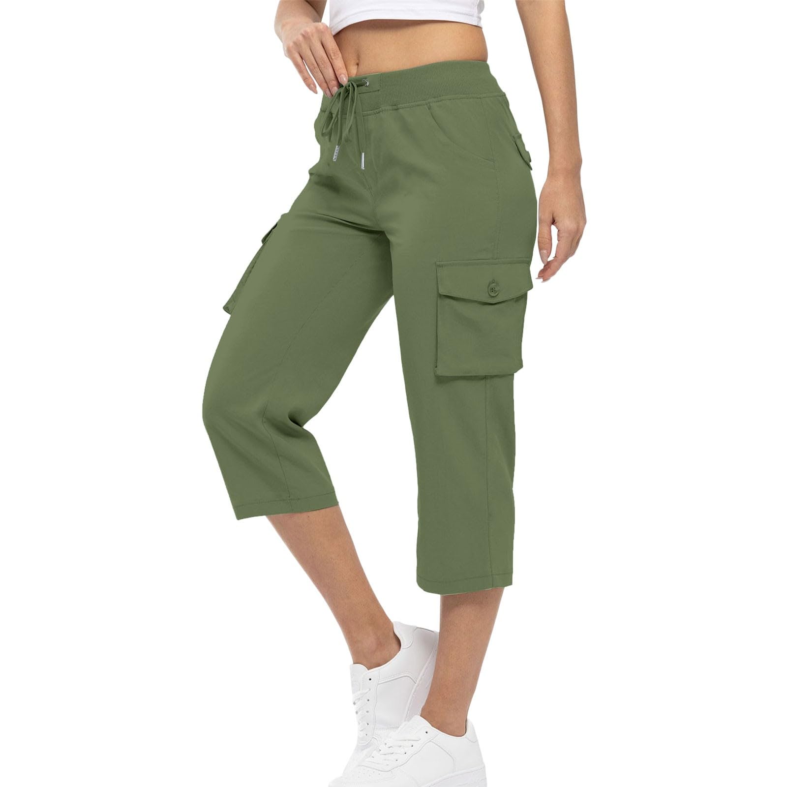 Cargo Capris for Women Casual Drawstring Lightweight Cropped Pants with Pockets Summer Workout Hiking Baggy Trousers Green L