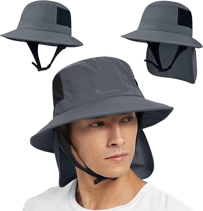 Seektop Surf Bucket Hat with UPF 50+ UV Protection Waterproof Sun Hat with Adjustable Chin Strap for Surfing Water Sports Dark Grey