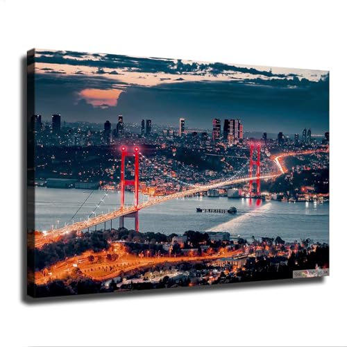 Night Istanbul Bosphorus Cityscape Poster Picture HD Printing Modern Home Bedroom Wall Art Kitchen Office Decoration (24×36inch_Unframed)