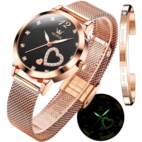 OLEVS Femmes Montres Coffret Cadeau avec Bracelet Or Rose Dames Minimaliste Simple léger Casual analogique Montre à Quartz imperméable à l'eau Deux Couleurs