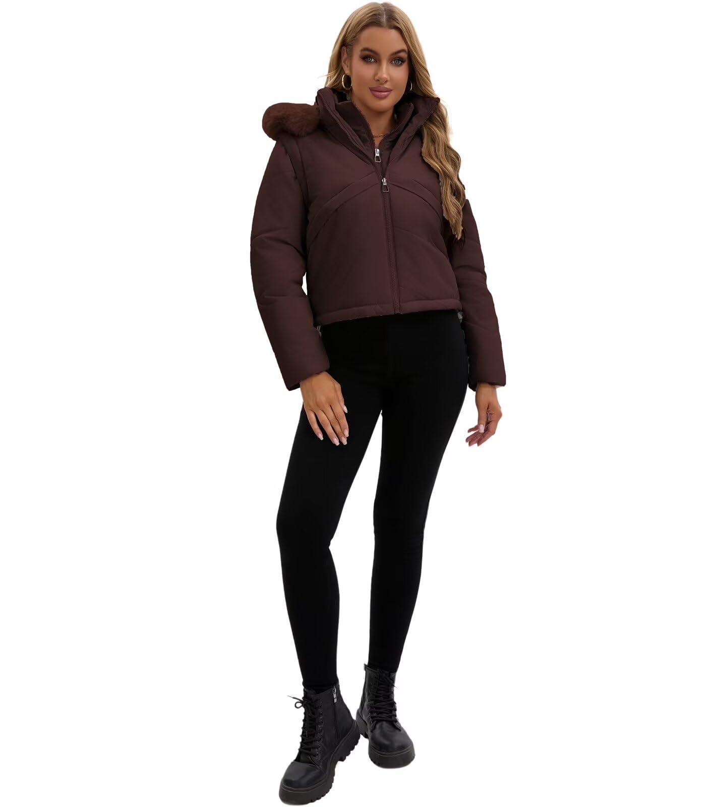 Vestes légères d'hiver pour femmes 2 en 1 Doudoune courte sans manches Gilet sans manches pour femmes Manteau matelassé chaud à capuche Vêtements d'extérieur tendance