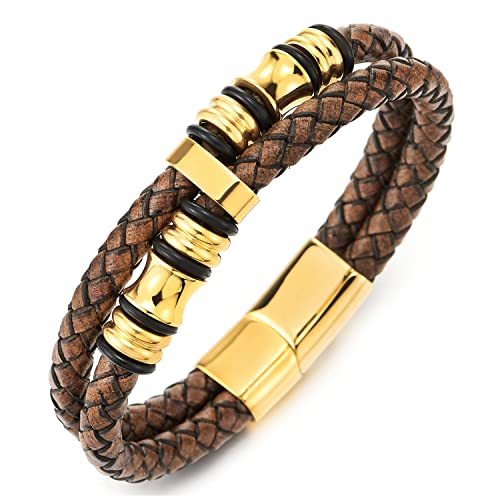 Pulsera trenzada doble para hombre con cuero y acero inoxidable miniatura 1