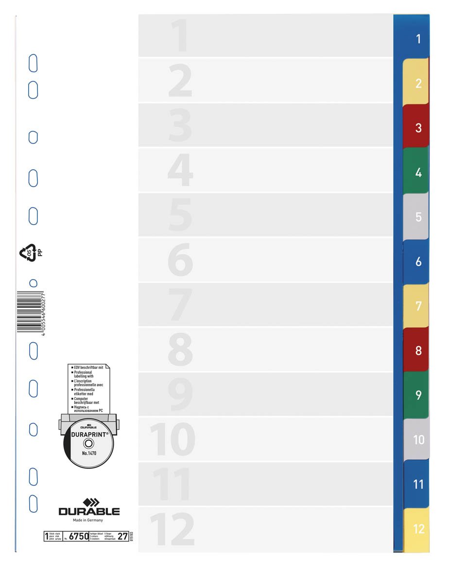 Durable Zahlenregister mit farbigen Taben, PP, 1 - 12, farbig, A4, 230 x 297 mm, 12Bl, 20er Packung, 675027 | Farbenfrohe Taben, Volldeckend 230 x 297 mm, Universallochung, beschriftbares Deckblatt mit DURAPRINT