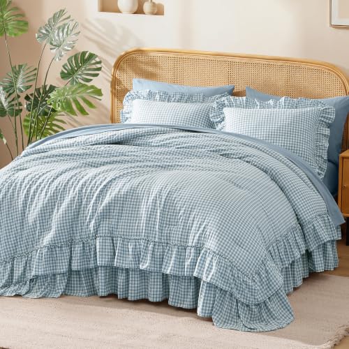 Image of Full Size Comforter Set Blue Gingham Ruffle 7 Pieces Farmhouse Bed in a Bag | Shabby Chic Fluffy Bedding Sets with Sheets, Pillowcases & Shams