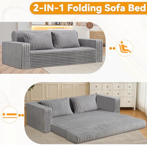 Image of HABUTWAY 78 inch Loveseat Boneless Couch, 4-in-1 Convertible Sofa Bed, Plush Fur Folding Futon Sofa Bed Couches with 2 Pillows for Living Room, High-Density Foam Support, No Assembly Required, Light Grey