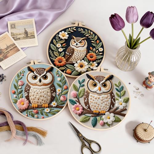 Image of Uniartfy 3 Sets Embroidery Kit for Beginners with Owl Flower Pattern, Hand Needlepoint Kits for Adults, Embroidery Starter Kits with Hoops, Step by Step Video & Instructions, DIY Cross Stitch Kit
