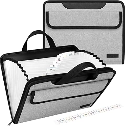 Uquelic 13 Pockets Expanding File Folder - Upgraded A4 Plastic Document Wallet Organizer with Handle, Durable File Organiser with Handy Front Pocket/Accordion Filing Document for Business Home Grey Cover