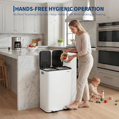 2x8 Gal Dual Compartment Stainless Steel Kitchen Trash Can with Lid, 30L+30L Recycling Garbage Bin, Soft Close Foot Pedal Trash Bin with 2 Removable Inner Buckets, Fingerprint Resistant for Home Offic by Garvee - Used condition - Image 6