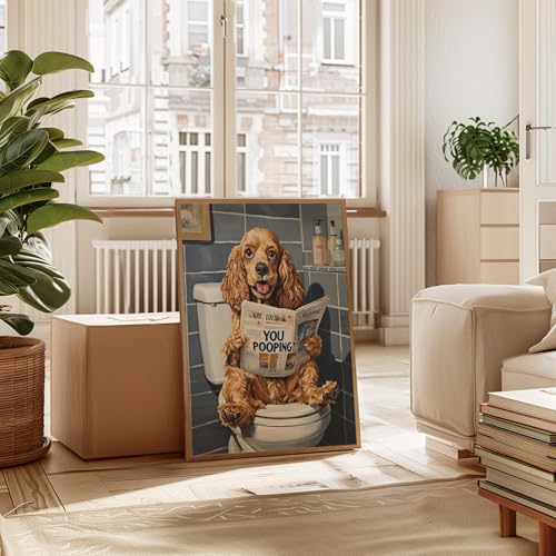 Image of Cocker Spaniel on Toilet Wood Framed Wall Art Print Poster, Dog Bathroom Humor Decor Posters Prints for Restroom Home Picture Painting Artwork Gallery 7 (Cocker Spaniel, 11 inchW x 14 inchL, Wood Frame)