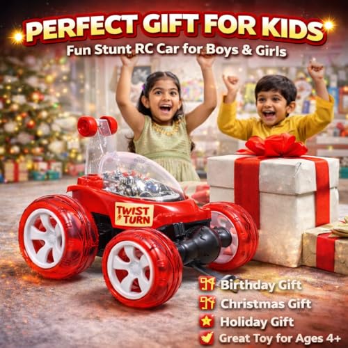 Image of SMART BOY Rechargeable 360 Stunt Remote Control Car for Kids with LED Lights, USB Charging, Anti-Skid Rubber Tires, 4WD RC Toy Car Indoor Outdoor Toy Gift for Boys Girls Age 3 4 5 6 7+ Years 9802RED