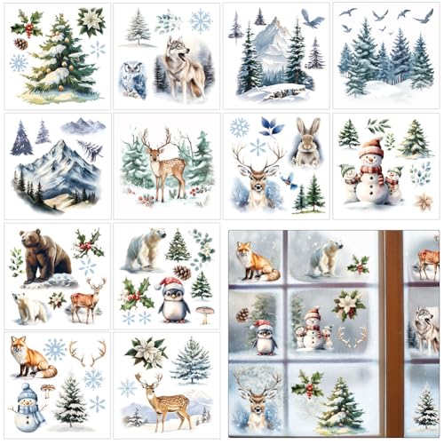 BEUNITONE 12 Sheets Winter Forest Rub on Transfers for Crafts and Furniture-Durable Rub on Transfers Stickers for Wood,Glass,Leather-5.5 x 5.5 inches Home Decorative Personalized Decals