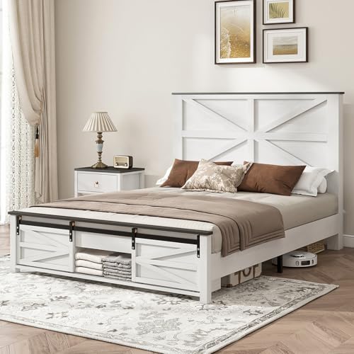 Albott-Farmhouse-Full-Size-Bed-Frame-Wood-Platform-Bed-Frame-with-Sliding-Barn-Door-Storage-488-Headboard-Storage-Bookcase-Footboard-Wood-Slats-Support-No-Squeak-No-Box-Spring-Needed-White Albott Farmhouse Full Size Bed Frame Wood Platform Bed Frame with Sliding Barn Door Storage 488 Headboard Storage Bookcase Footboard Wood Slats Support No Squeak No Box Spring Needed White