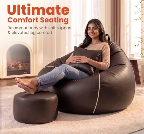 Image of Sattva Piping 3XL Sofa Style Bean Bag Chair with Beans Filled | Faux Leather Bin Bags Set with Footstool & Cushion | Beam Bag for Adults, Teens, Home & Living Room - Brown with Beige Piping