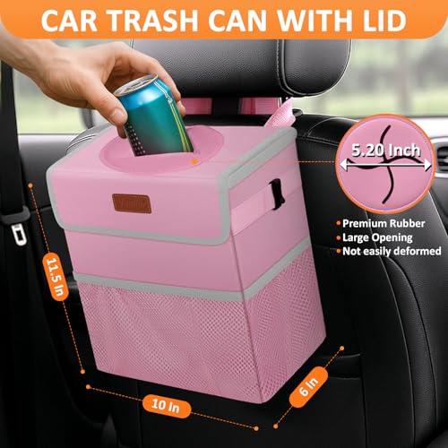 Image of Vankor 3 Gallons Car Trash Can with Lid, Car Trash Bag Bin Hanging Waterproof Automotive Garbage Cans Leak Proof Vehicle Trash Can Pink