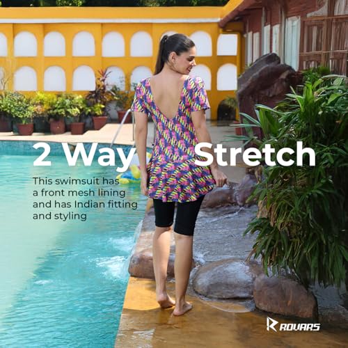 Image of ROVARS Poly Jersy - Printed Swimming Costume for Women Frock Style [Half Sleeves - Half Length - Without Pads]