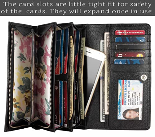 Image of Women's Top Grain Leather Wallet, RFID Blocking Bifold clutch, 17 Card Slots, Zip Pocket Organizer, Elegant Gift for Women - Birthday, Valentine, Anniversary - PEBBLES BLACK