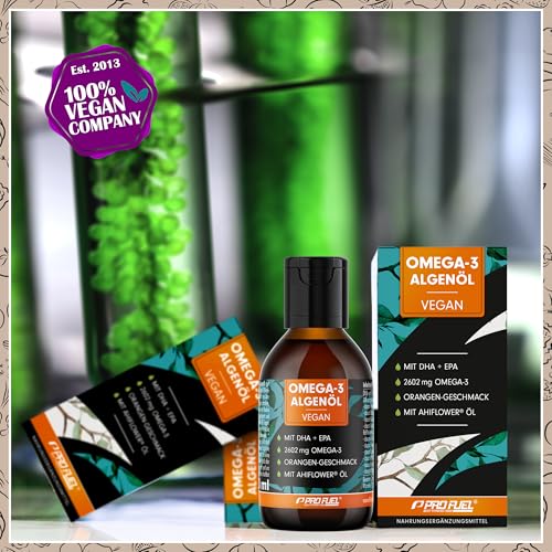 Foto von Omega-3 Algenöl 100 ml - hochdosiert mit 3665 mg Algenöl, davon 1203 mg DHA & 667 mg EPA - veganes Omega-3 Öl + Ahiflower® Öl mit angenehmem Orangen-Geschmack - laborgeprüft mit Zertifikat