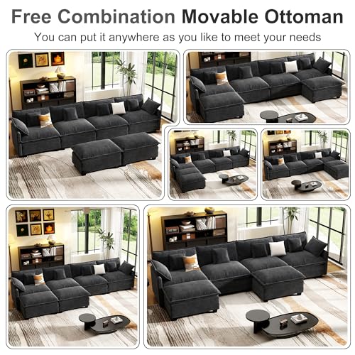 Image of 146 inch Cloud Couch Sectional Modular Sofa, Deep Seat Couches with Ottoman and Removable Washable Pillows for Living Room, Bedroom, Apartment, Black