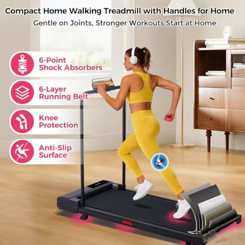 Image of Portable Walking Pad Treadmill for Home, Treadmills with Handles, 3.0HP Compact Walking Pad Treadmill with Handle Bar, 0.6-7.6MPH Mini Walking Treadmill for Home Small, 350LB Capacity