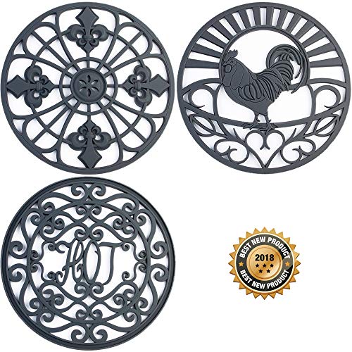 Silicone Trivet for Hot Dishes, Pots & Pans - Decorative Non Slip Mat Comes in 3 Different Country Designs - Protective Pads for Kitchen Counter (7.5 inch Round, 3-Set, Dark Gray)