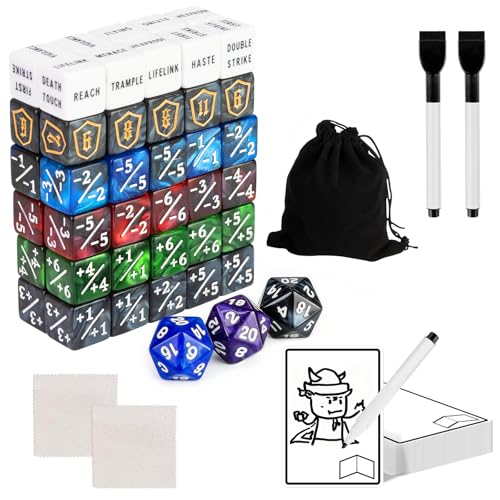 115-Piece MTG Dice Set with Dry Erase Tokens Kit Includes 63 Counters and 50 Tokens for MTG TCG Cards Game Accessories with 2 Markers 2 Cloths