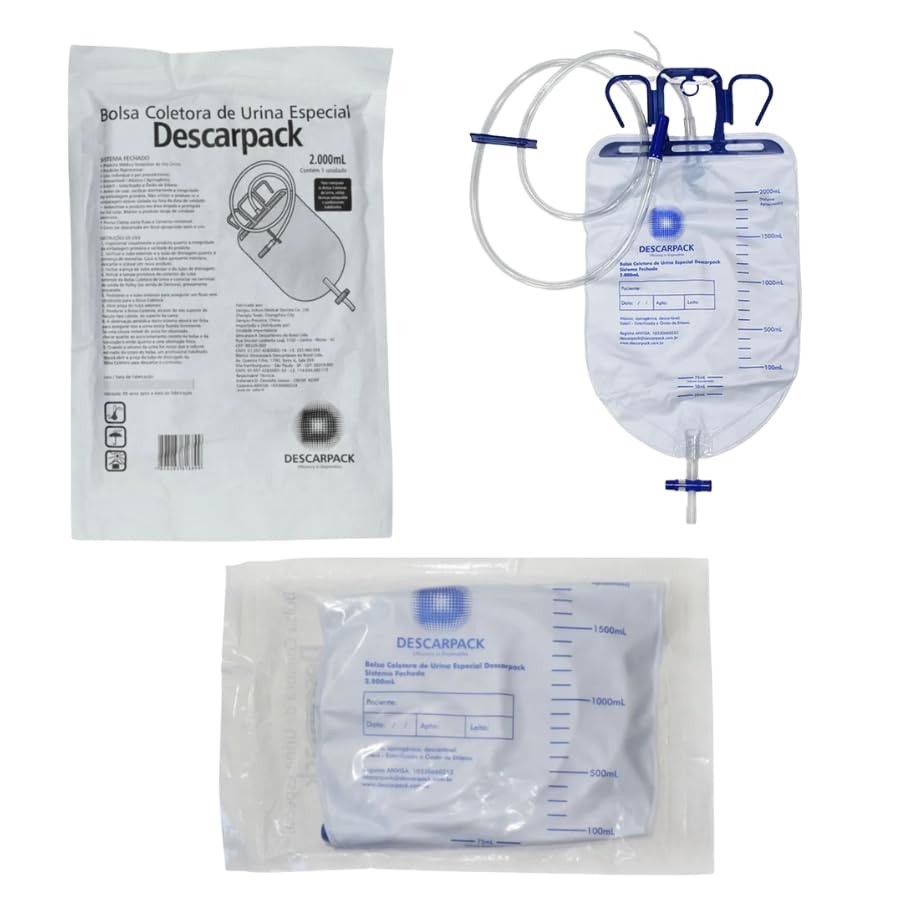 Bolsa Coletora de Urina Sistema Fechado Sem Ponto de Coleta, 2000 mL, PVC Médico, Descartável, 20 Unidades