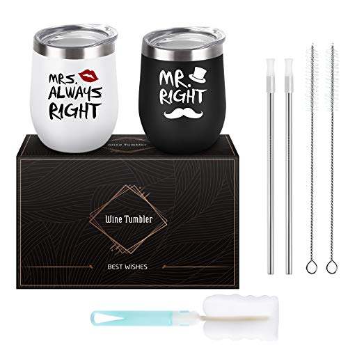 Livole Juego de 2 vasos de vino, Mr Right and Mrs Always Right, regalos divertidos para parejas, aniversario de boda, 12…