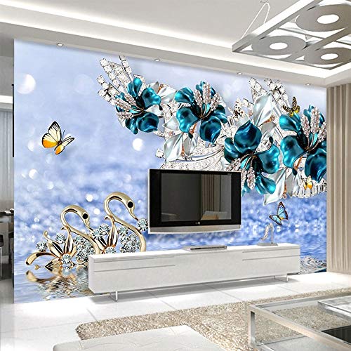 TIANXINBZ Custom Wallpaper 3D Luxury Swan Blue Flower Water Wave Jewelry Photo Wall Murals Living Room TV Backdrop Stickers,150cm(W) x105cm(H)