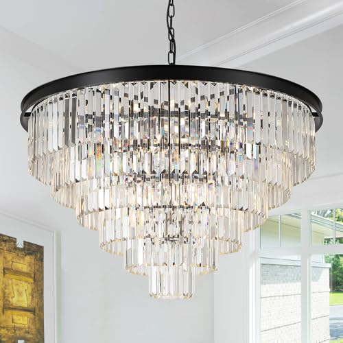 Image of 35 inch Large Crystal Chandeliers 6-Tier Modern Black Living Room Chandelier