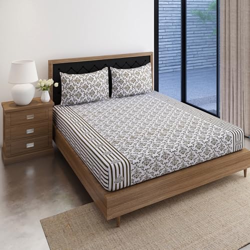 Image of Swayam Pure Cotton King Fitted Bedsheet with 2 Pillow Covers | Size 72 x 78 x 10 inch | 160 TC | Ethnic Motifs Design | Soft Breathable Bed Sheet | Comfortable & Durable for Bedroom - White & Brown