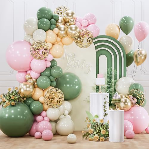Image of PartyWoo Pink and Green Balloon Arch Kit Garland 140pcs Different Sizes of 18 12 10 5 Inch Metallic Gold Baby Pink Sage Green Sand White Nude Gold Confetti Balloons for Birthday Party Decorations