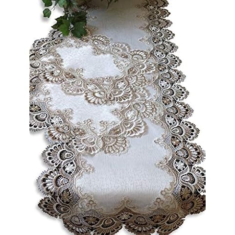 Galleria di Giovanni Table Runner Dresser Scarf Taupe Lace Antique White 56 Inch Plus 2 Doilies 3 Piece Set Earth Cover