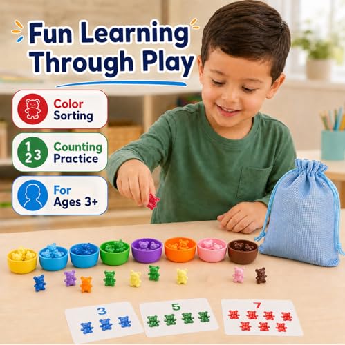 Image of XINHUIDALSQ 180 Pcs Counting Bears, 0.62'' 9 Colors Rainbow Counting Mini Bears with Storage Bag, Plastic Sorting Bear Counters Math Manipulatives for Ages 3+ Kids, Back to School Supplies