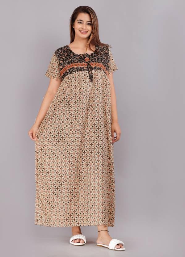 Image of Women Flower Printed Casual Wear Cotton Nighty - Gown-MFNT5014
